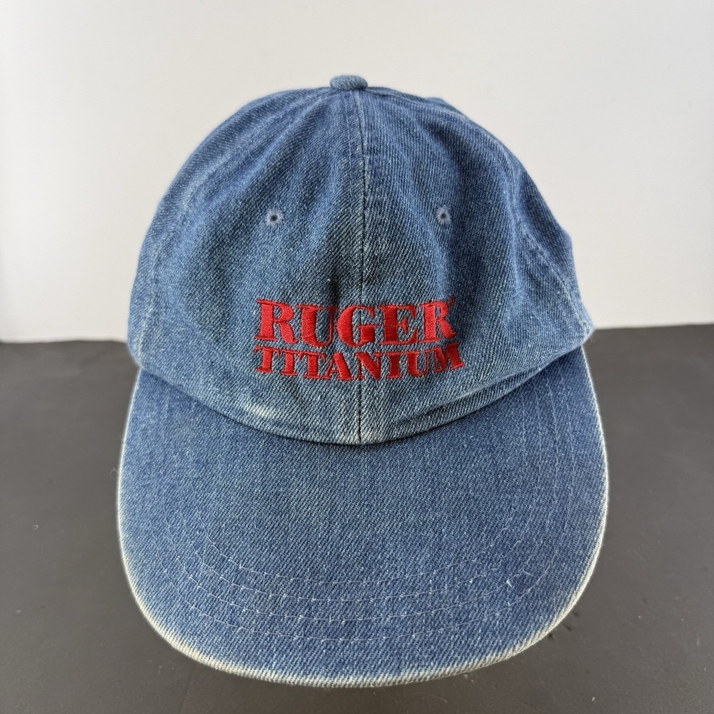 Vintage Ruger Titanium Denim Hat Cap Embroidered Red Logo Adjustable Strapback
